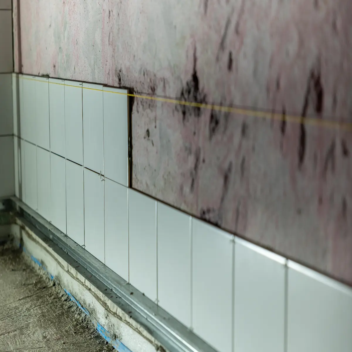 Mold growth on a wall behind tile from trapped moisture