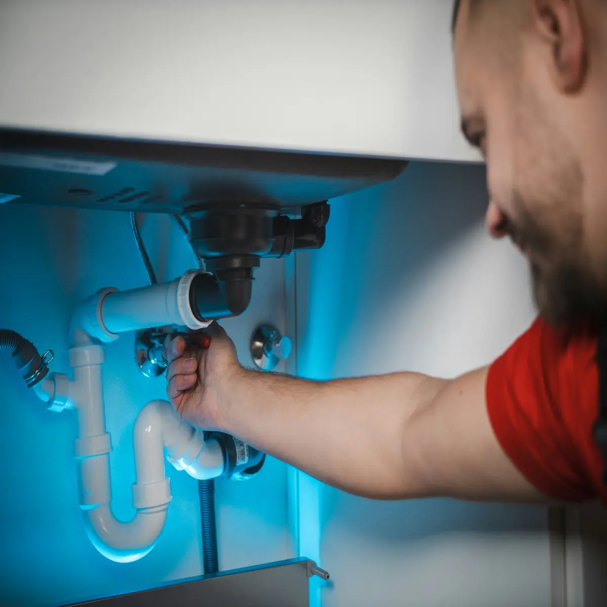 Plumber repairing supply lines under a sink