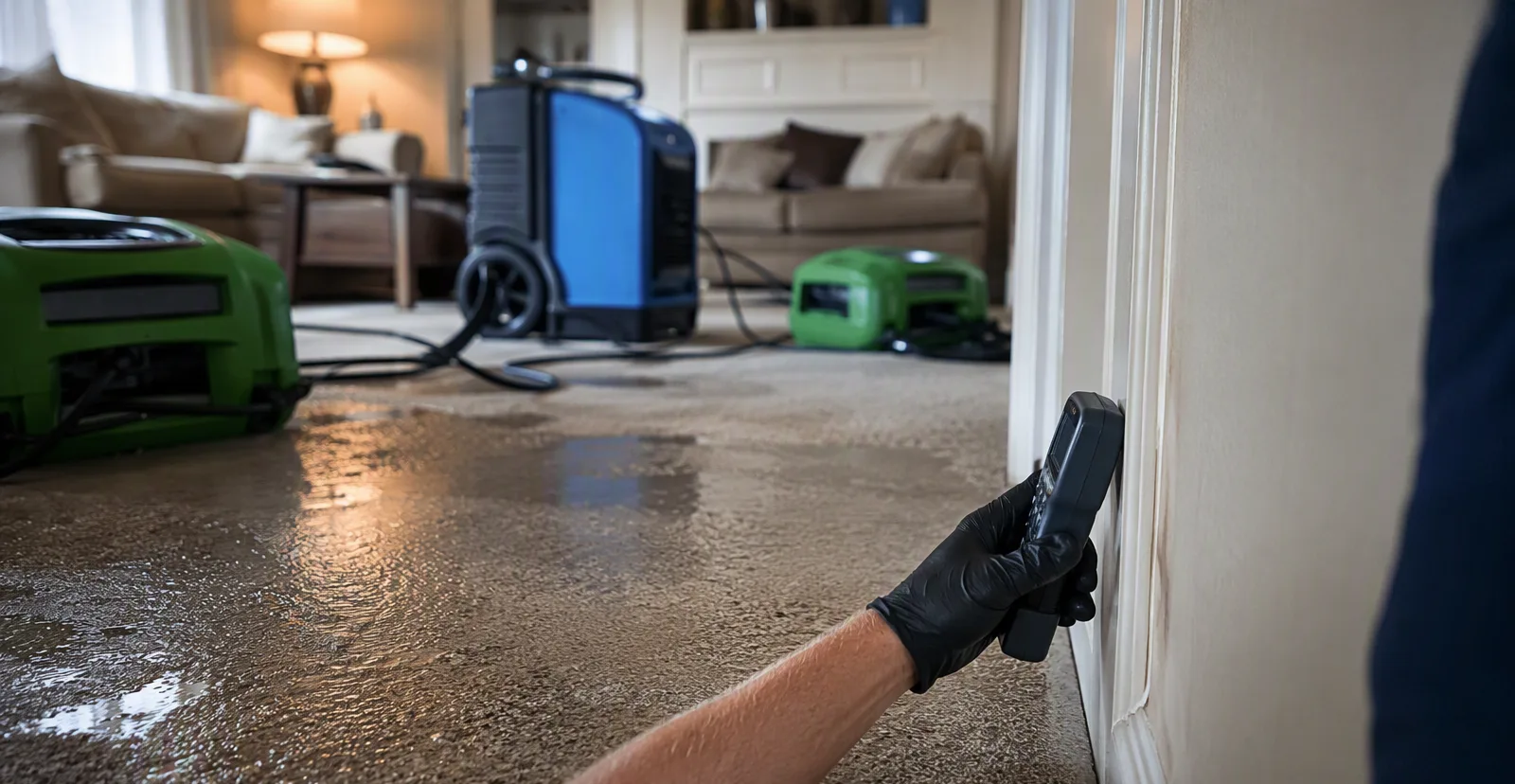 Air movers and dehumidifier drying a flooded San Angelo living room