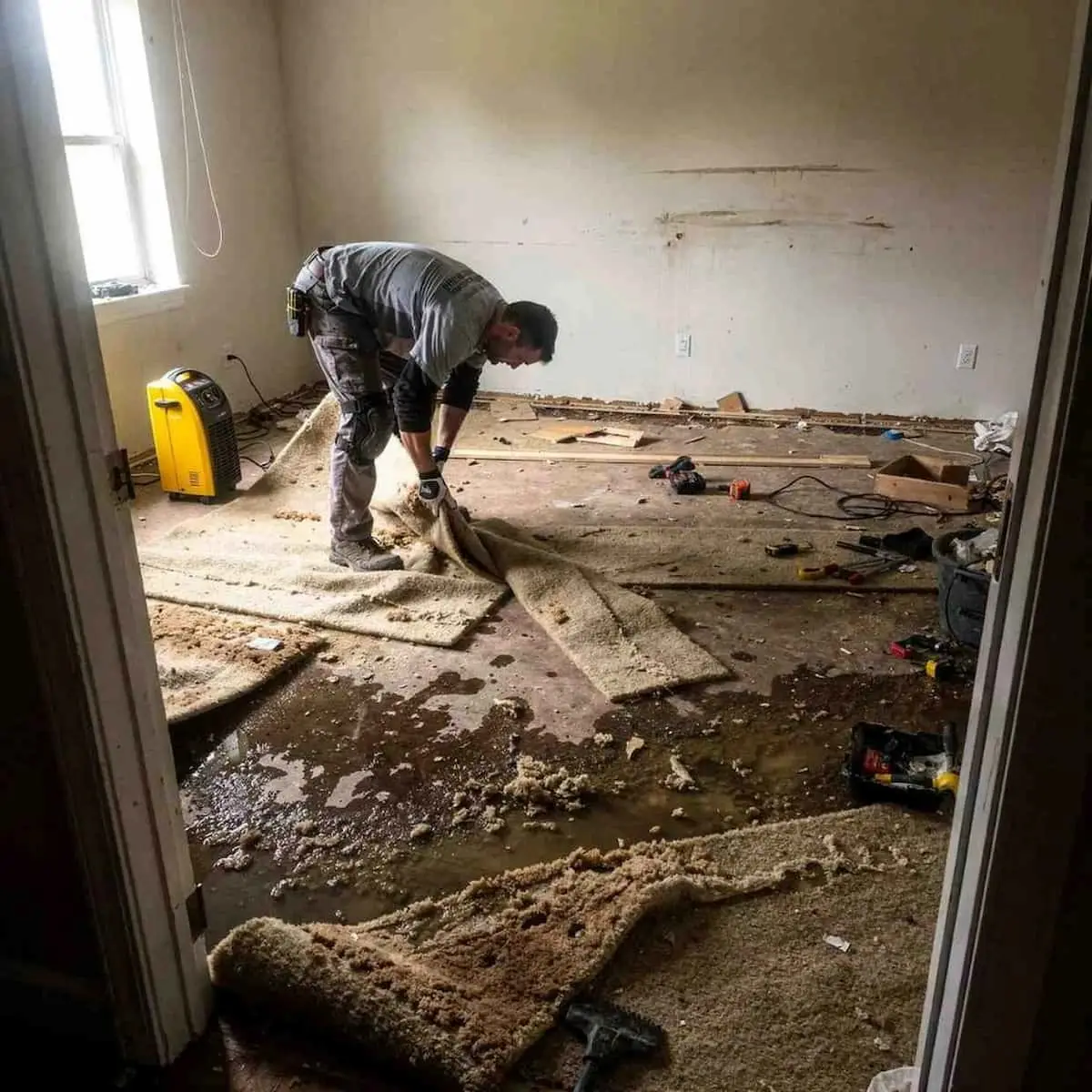 Flood cleanup and water-damaged carpet removal in a San Angelo home