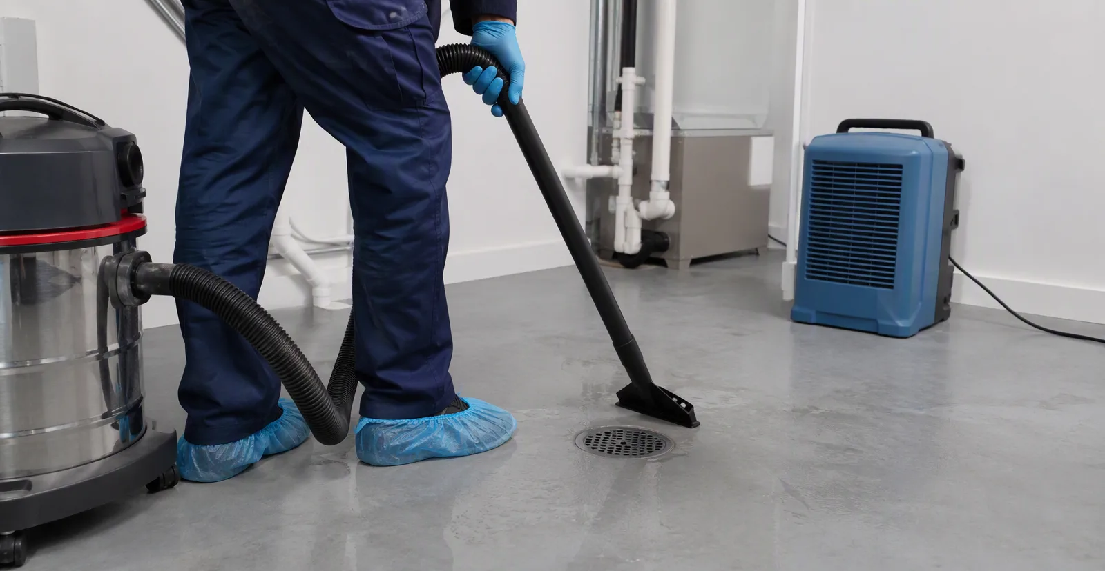 Professional sewage cleanup with protective gear in a utility room