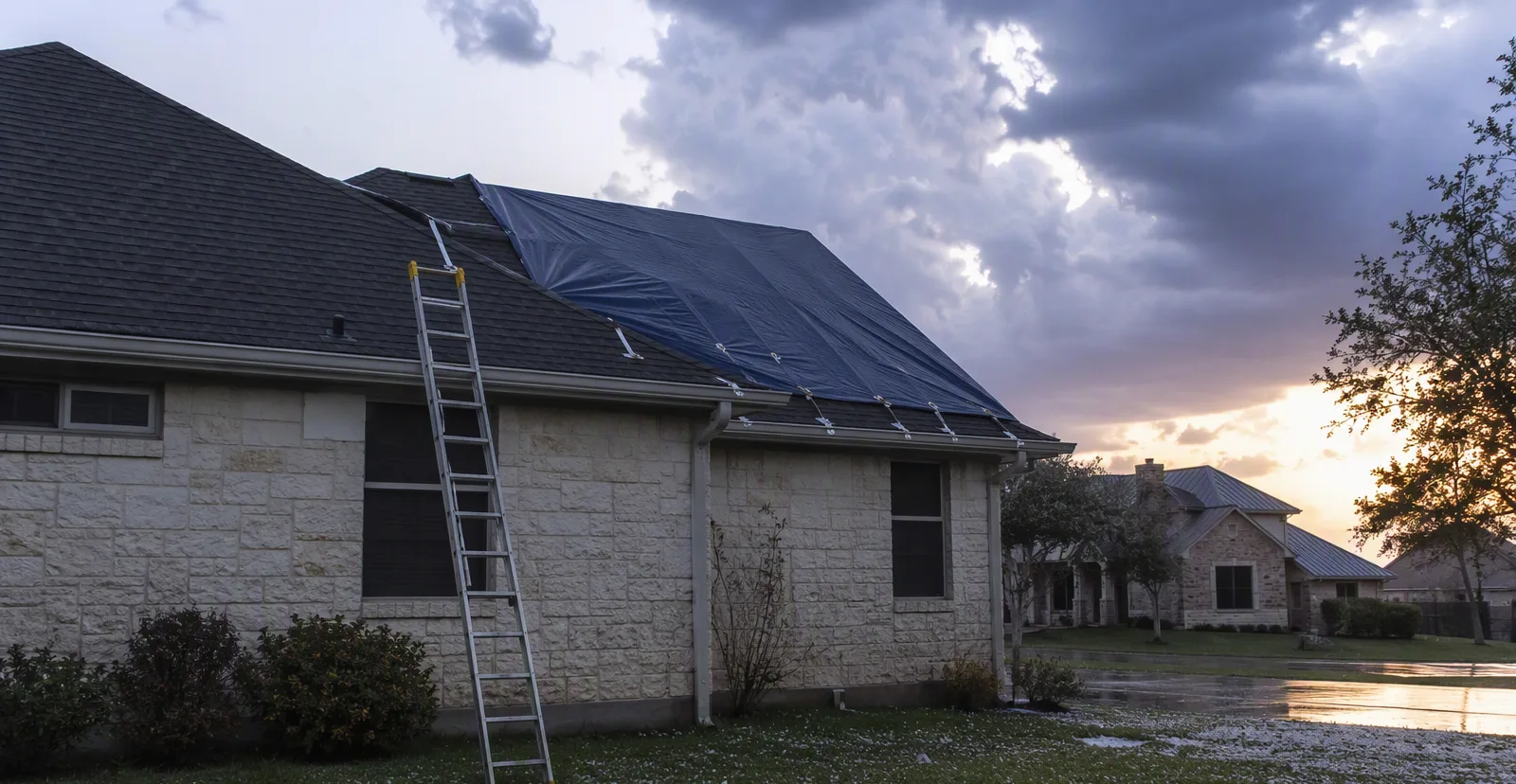 Tarp secured over storm-damaged roof after a Texas hailstorm